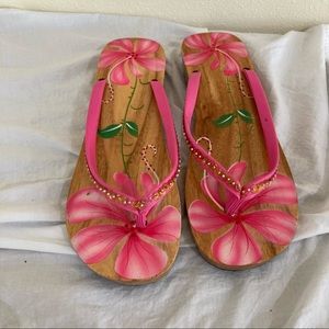 Wooden sandals with painted flowers Hibiscus Tropical Hawaii Polynesian Size XL